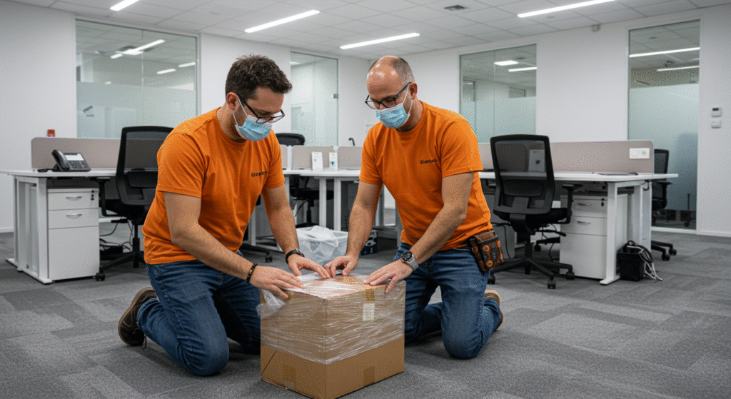 Dos empleados de Mudanzas Los García empacando el mobiliario de una empresa